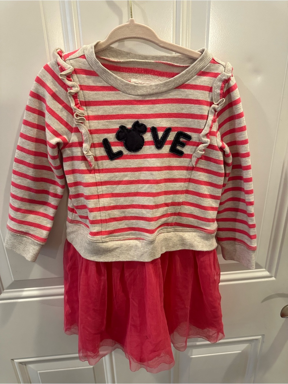 Gap x Disney Girls Pink Striped Minnie Mouse 'LOVE' Sweatshirt Dress